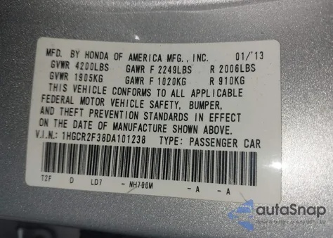 2013 Honda Accord Lx из США, поврежденный, VIN 1HGCR2F38DA101238